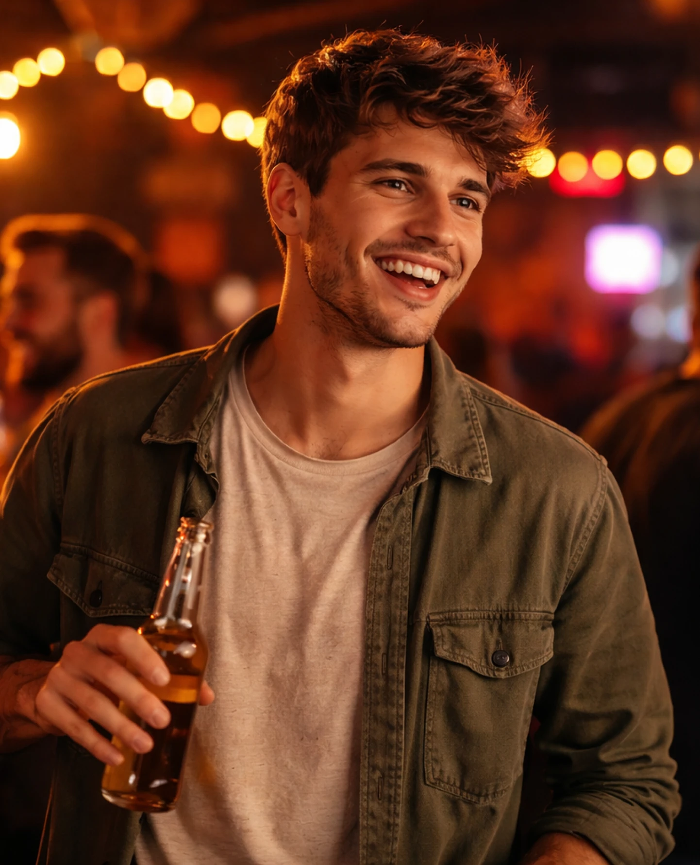 Young man in his early 20s smiling at a bar with friends during a night out.